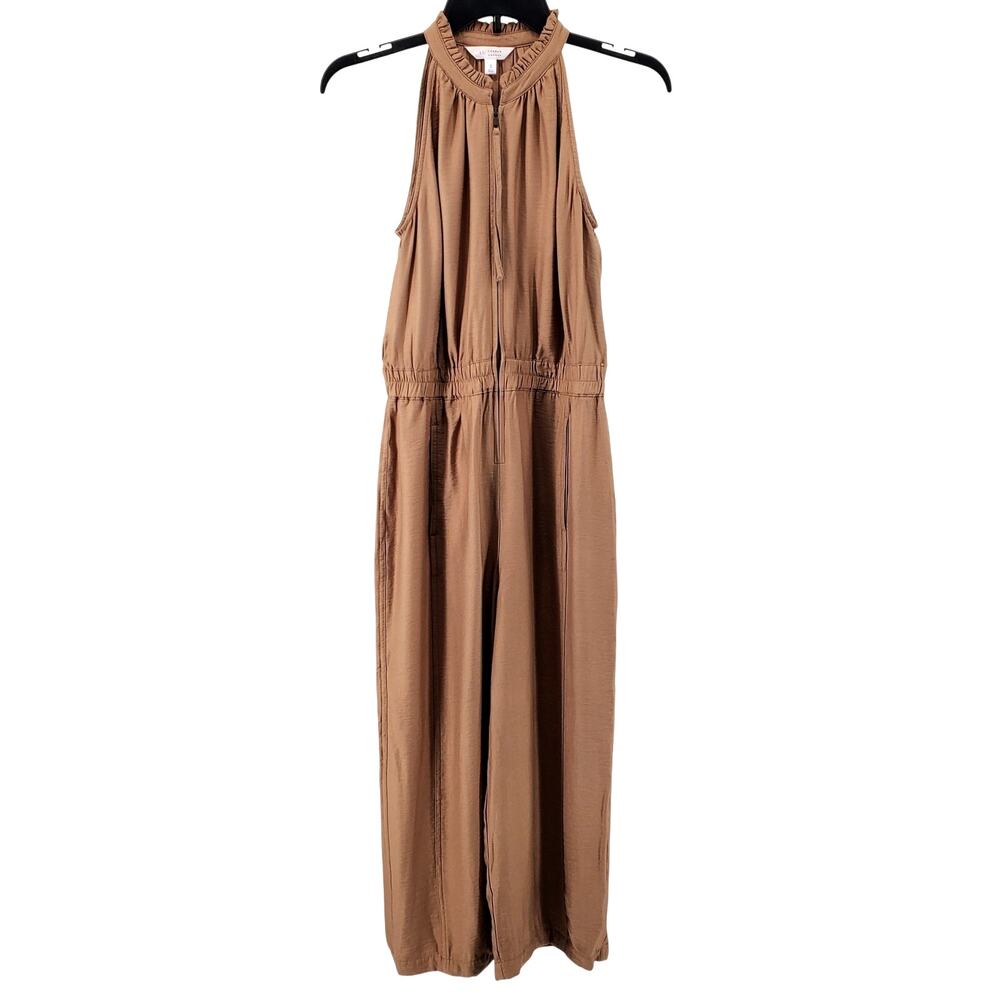 LC Lauren Conrad Tan Zippered Halter Ruffle Neck Crop Jumpsuit Small‎ Pre Owned